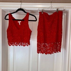 Leith Vibrant Red Lace Top and Skirt Set